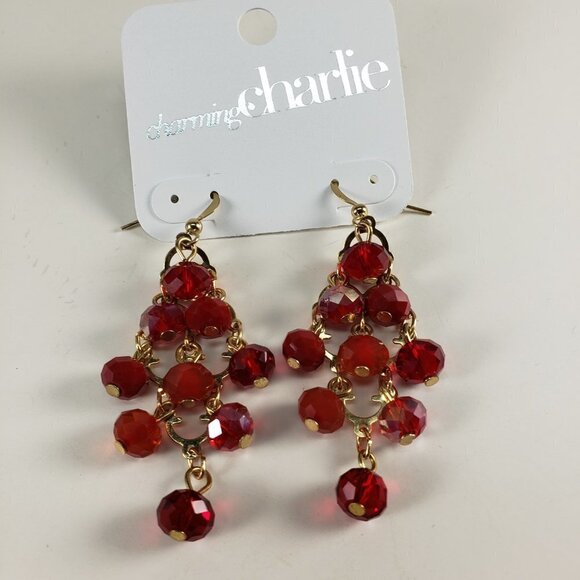 Charming Charlie Red Chandelier Beaded Earrings – Gold Cascade - Fashion Jewelry - Picture 8 of 11